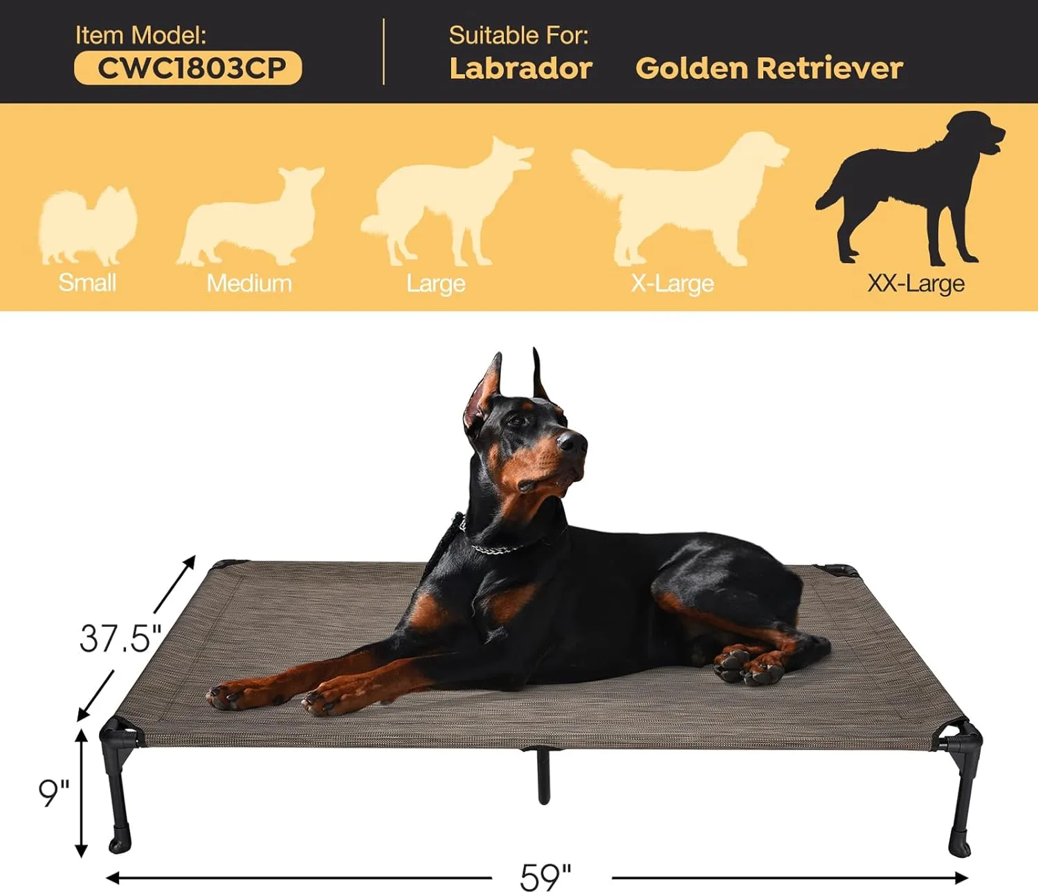 Veehoo Outdoor Elevated Dog Cot Bed, Cooling Raised Pet Bed for XX-Large Dog, Washable Breathable Mesh Hammock Bed with No-Slip Feet, Indestructible Ground Off Training Platform Cot-59"x37.5" Brown