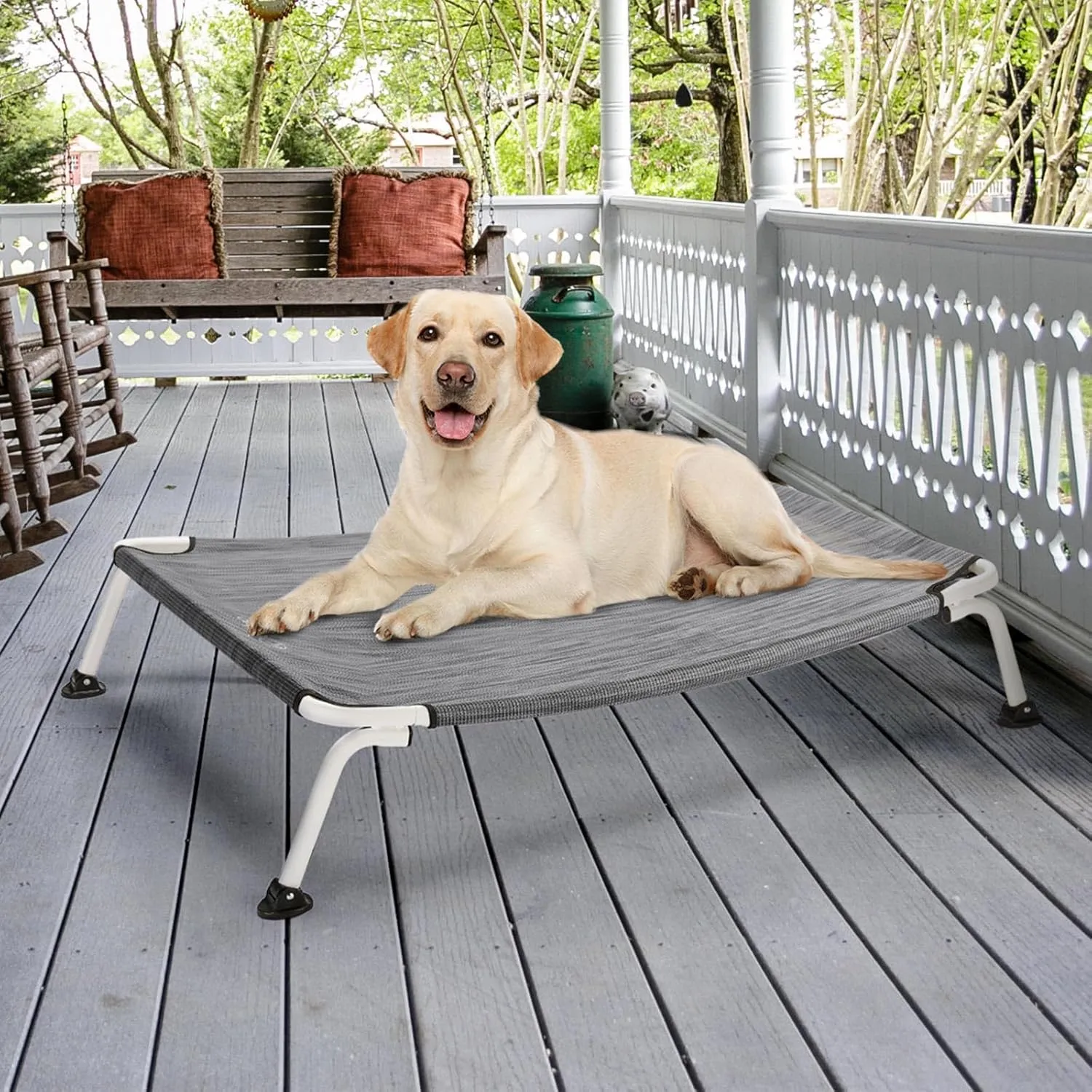 Veehoo Outdoor Elevated Dog Cot, Curved Raised Cooling Dog Cots Bed Off Ground Portable Lifted Pet Hammock Bed Cot with Breathable Teslin Mesh for Indoor Outdoor, up to 85lbs, Black Silver 42"