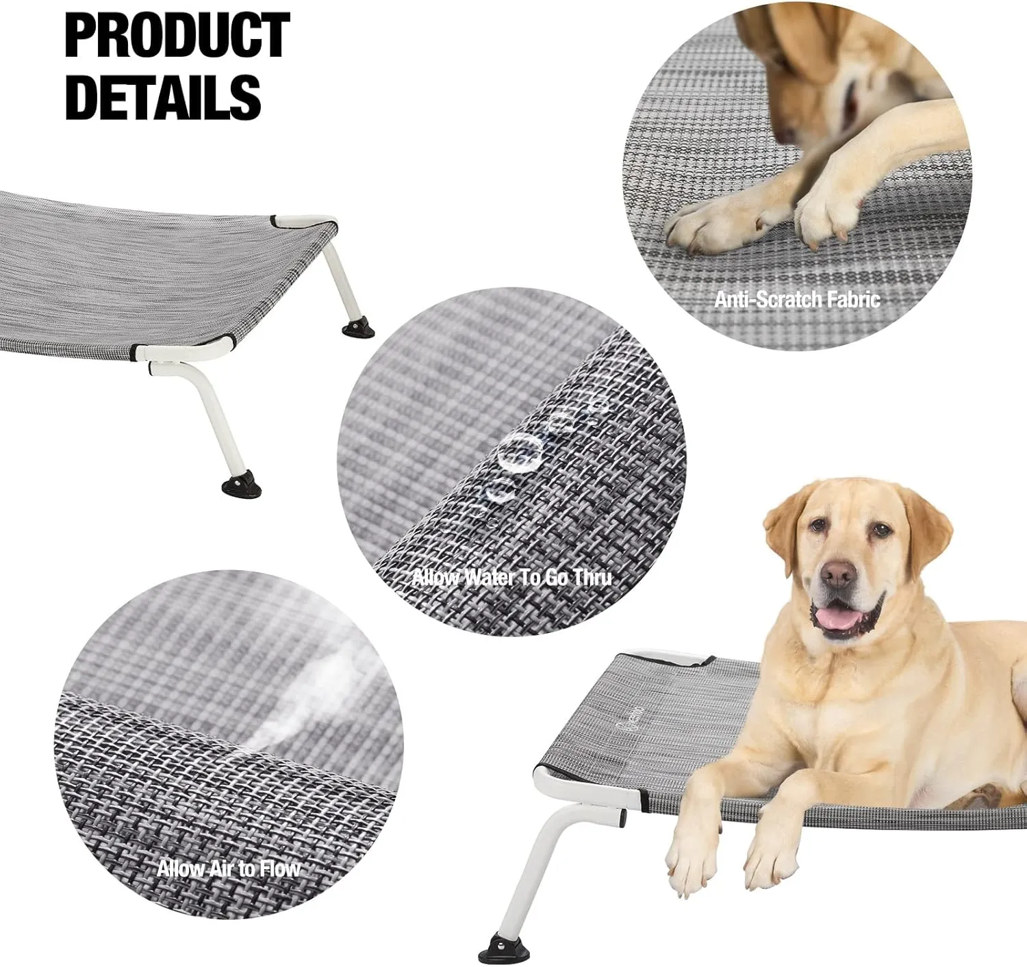 Veehoo Outdoor Elevated Dog Cot, Curved Raised Cooling Dog Cots Bed Off Ground Portable Lifted Pet Hammock Bed Cot with Breathable Teslin Mesh for Indoor Outdoor, up to 85lbs, Black Silver 42"