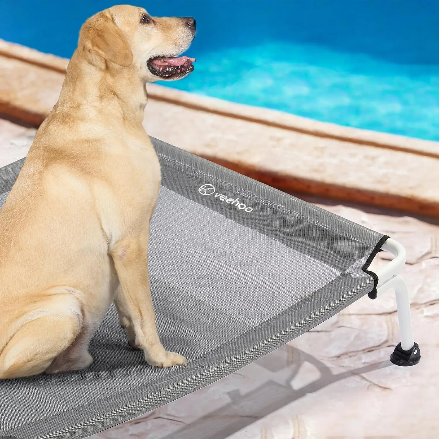 Veehoo Outdoor Elevated Dog Cot, Curved Raised Cooling Dog Cots Bed Off Ground Portable Lifted Pet Hammock Bed Cot with Breathable Teslin Mesh for Indoor Outdoor, up to 85lbs, Grey 42"