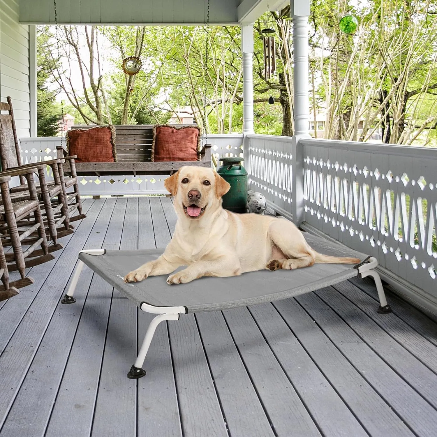 Veehoo Outdoor Elevated Dog Cot, Curved Raised Cooling Dog Cots Bed Off Ground Portable Lifted Pet Hammock Bed Cot with Breathable Teslin Mesh for Indoor Outdoor, up to 85lbs, Grey 42"