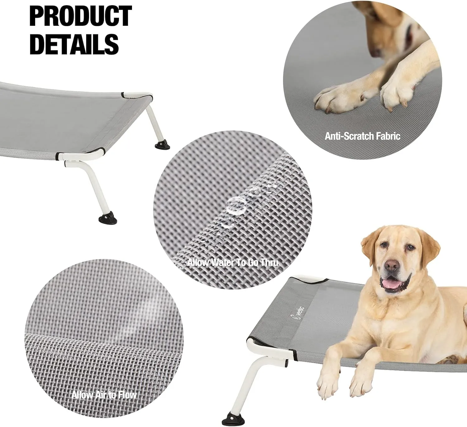 Veehoo Outdoor Elevated Dog Cot, Curved Raised Cooling Dog Cots Bed Off Ground Portable Lifted Pet Hammock Bed Cot with Breathable Teslin Mesh for Indoor Outdoor, up to 85lbs, Grey 42"