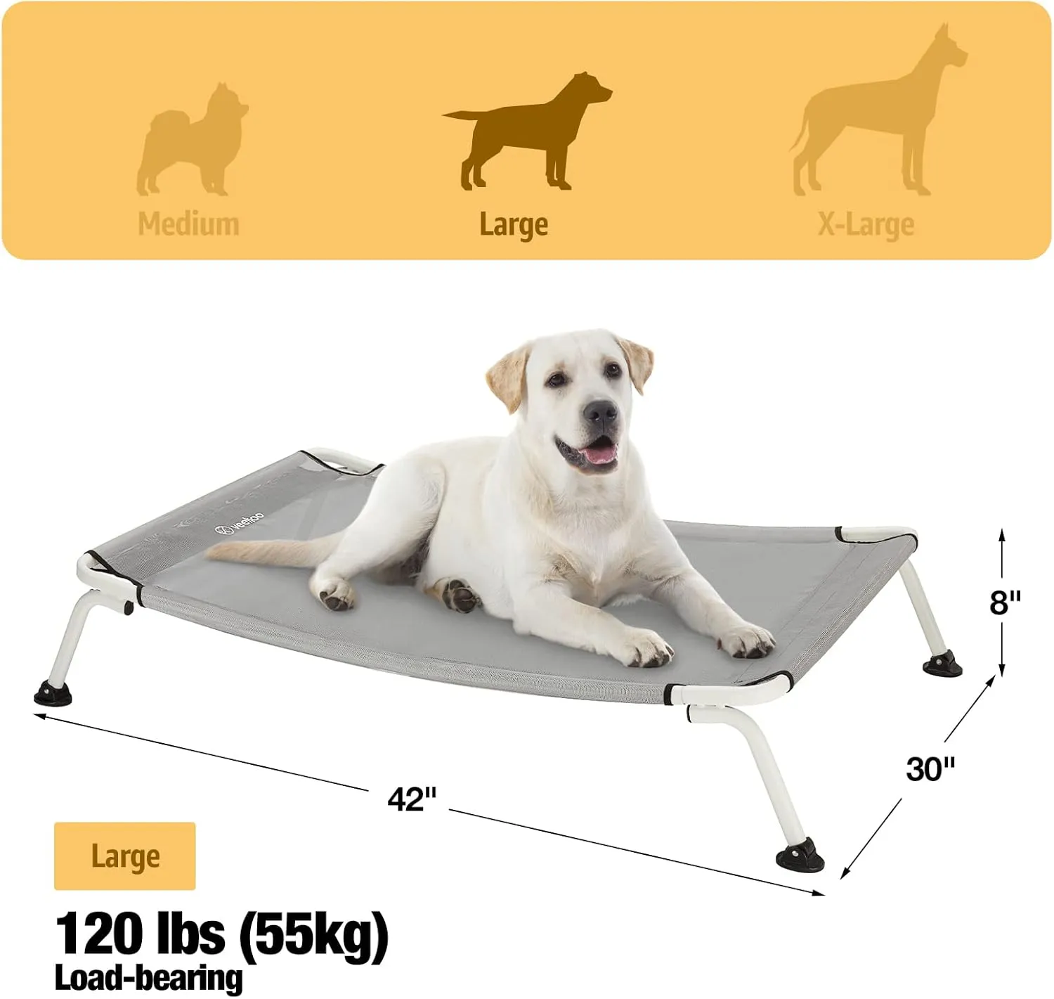Veehoo Outdoor Elevated Dog Cot, Curved Raised Cooling Dog Cots Bed Off Ground Portable Lifted Pet Hammock Bed Cot with Breathable Teslin Mesh for Indoor Outdoor, up to 85lbs, Grey 42"