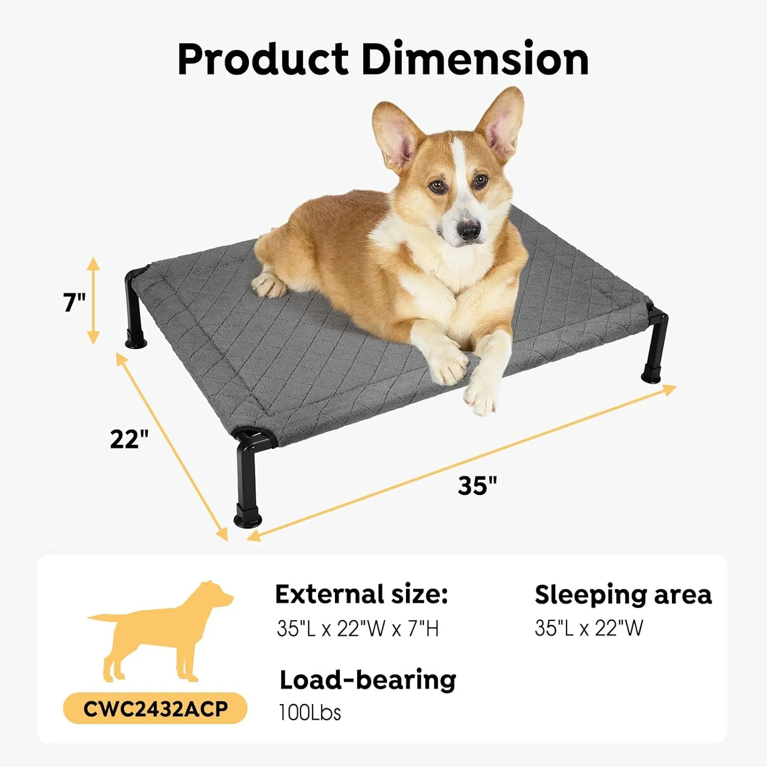 Veehoo Warm Plush Elevated Dog Bed, Raised Dog Bed with Heavy Duty Frame, Non-Slip Silicon Feet, Washable & Breathable Dog Cot Bed, Pet Bed for Indoor or Outdoor Use, 35" x 22", Grey, CWC2432A
