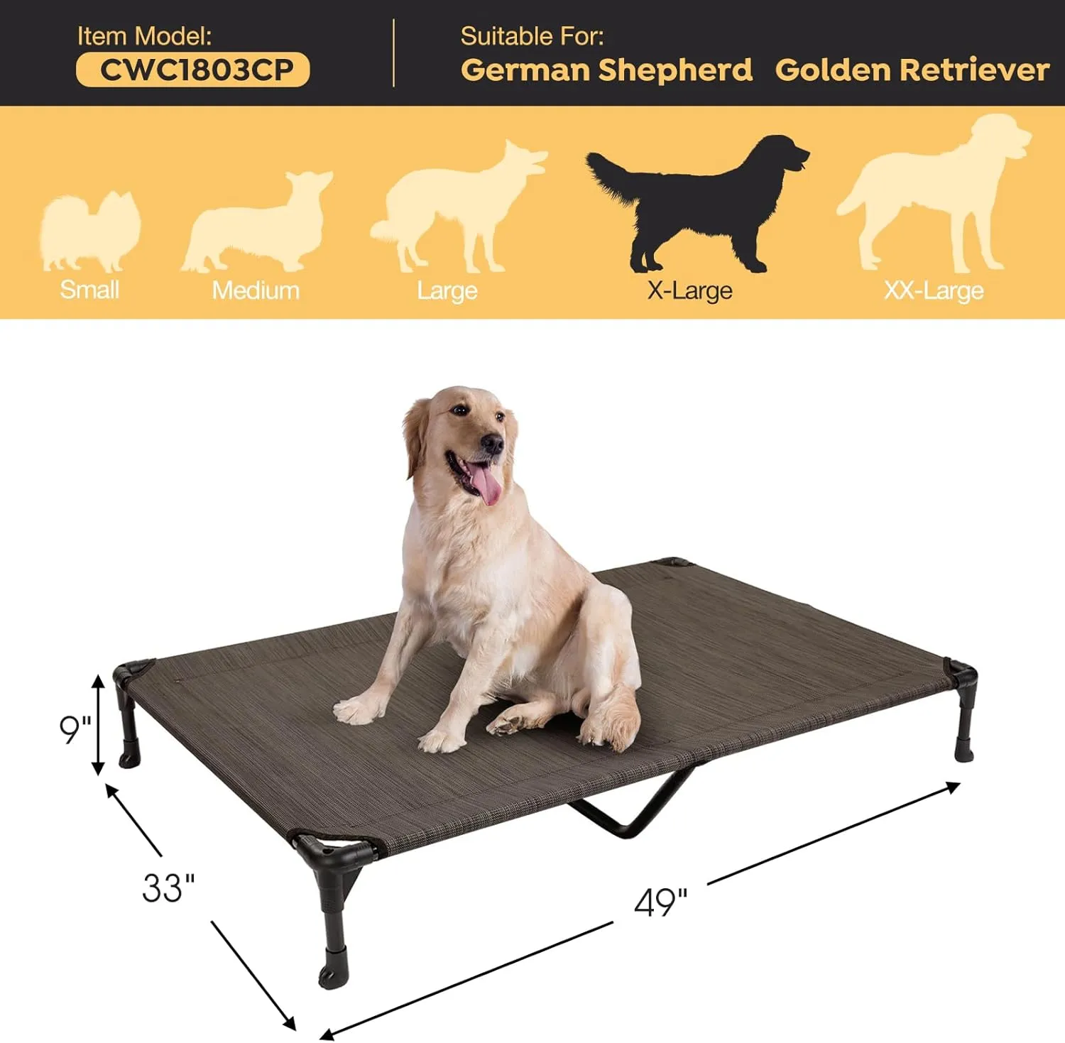 Veehoo XL Outdoor Elevated Dog Cot Bed, Cooling Raised Pet Bed, Washable Breathable Mesh Hammock Bed with No-Slip Feet, Indestructible Ground Off Training Platform Cot-49"x33" Brown