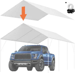 VEVOR 10 x 20 ft Carport Replacement Canopy Cover, Garage Top Tent Shelter Tarp Heavy-Duty Waterproof & UV Protected, Easy Installation with 40 Ball Bungeess (Only Top Cover, Frame Not Include), White