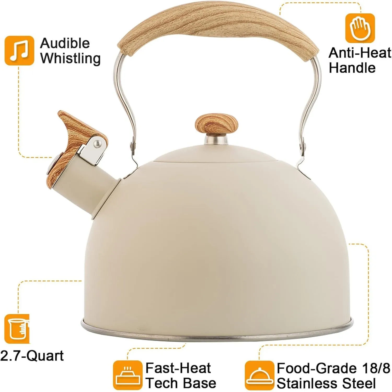 Vilihkc Tea Kettle 2.6 Liter Whistling Tea Kettle, Tea Pots for Stove Top Food Grade Stainless Steel with Wood Pattern Folding Handle, Loud Whistle Kettle for Tea, Coffee, Milk