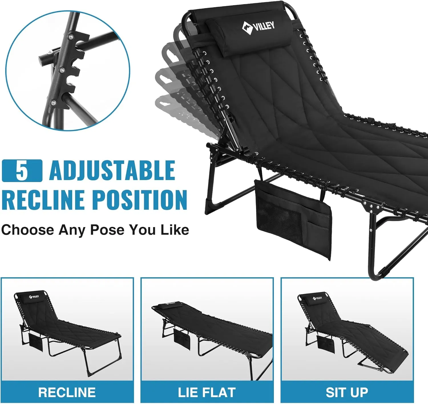 VILLEY Oversized Padded Chaise Lounge with Cushion, Foldable Camping Cot, Patio Reclining Lounge Chairs, Folding Sleeping Bed for Outdoor, Indoor, Backyard, Garden, Camping, Relaxing, Beach Tanning