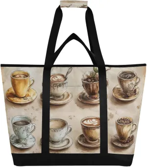 Vintage Coffee Types Large Insulated Reusable Tote Bag for Grocery Shopping for Women Men, Cooler Bag with Zippered Top & Handles for Travel Beach Picnic