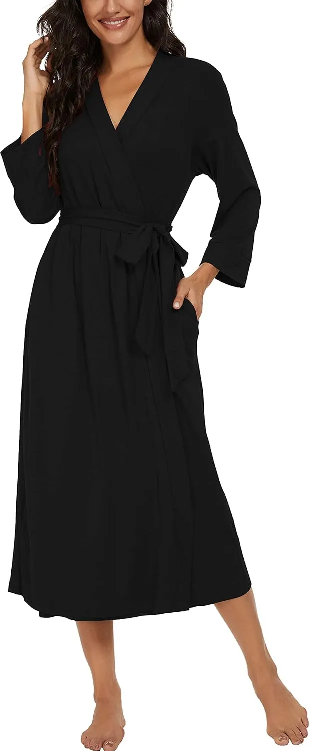 VINTATRE Women Kimono Robes Long Knit Bathrobe Lightweight Soft Knit Sleepwear V-neck Casual Ladies Loungewear