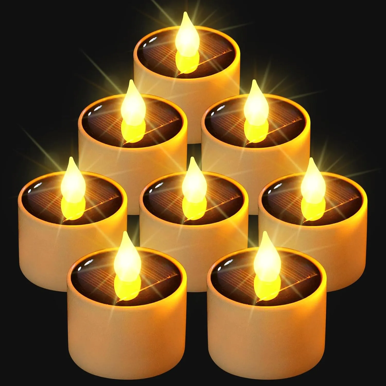 VOOKRY 8 Pcs Solar Candles Outdoor Waterproof - Solar Tea Lights Rechargeable Flickering Flameless Lamp Nightlights LED Candle Lights for Lanterns Bedroom Camping Party Home Decorations, 2.3''x2.1''