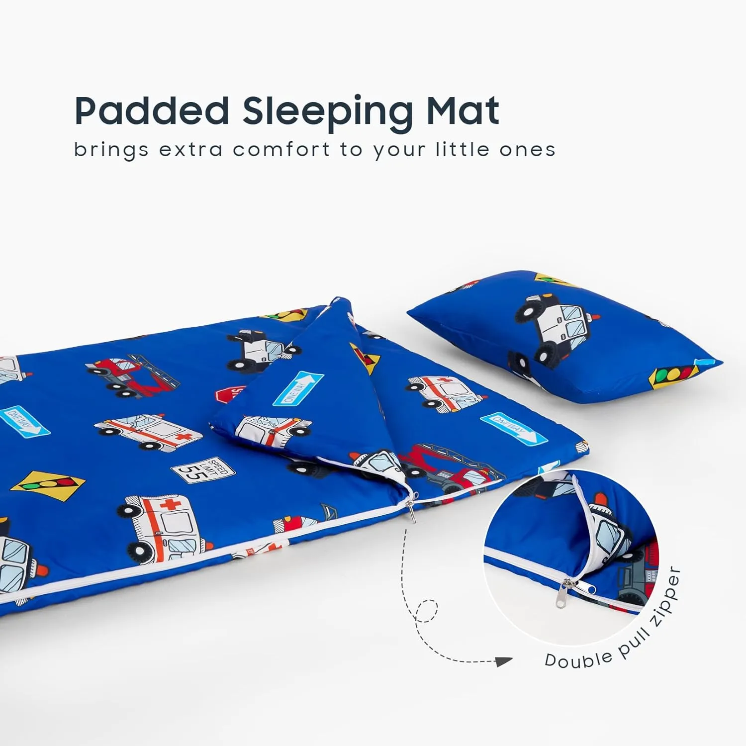 Wake In Cloud - Sleeping Bag for Kids Toddlers Boys, Portable Compact Lightweight Backpacking Nap Mat with Pillow and Blanket, Blue with Police Cars Rescue Vehicles, 55" x 30"