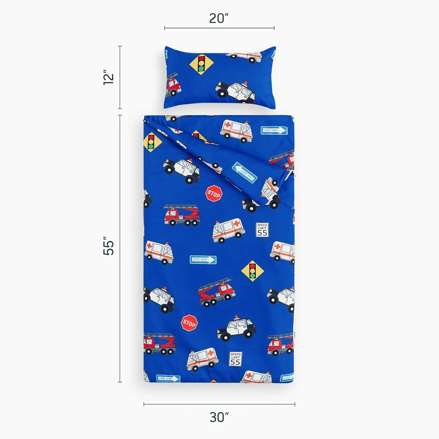 Wake In Cloud - Sleeping Bag for Kids Toddlers Boys, Portable Compact Lightweight Backpacking Nap Mat with Pillow and Blanket, Blue with Police Cars Rescue Vehicles, 55" x 30"