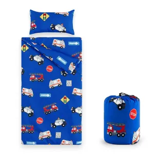 Wake In Cloud - Sleeping Bag for Kids Toddlers Boys, Portable Compact Lightweight Backpacking Nap Mat with Pillow and Blanket, Blue with Police Cars Rescue Vehicles, 55" x 30"