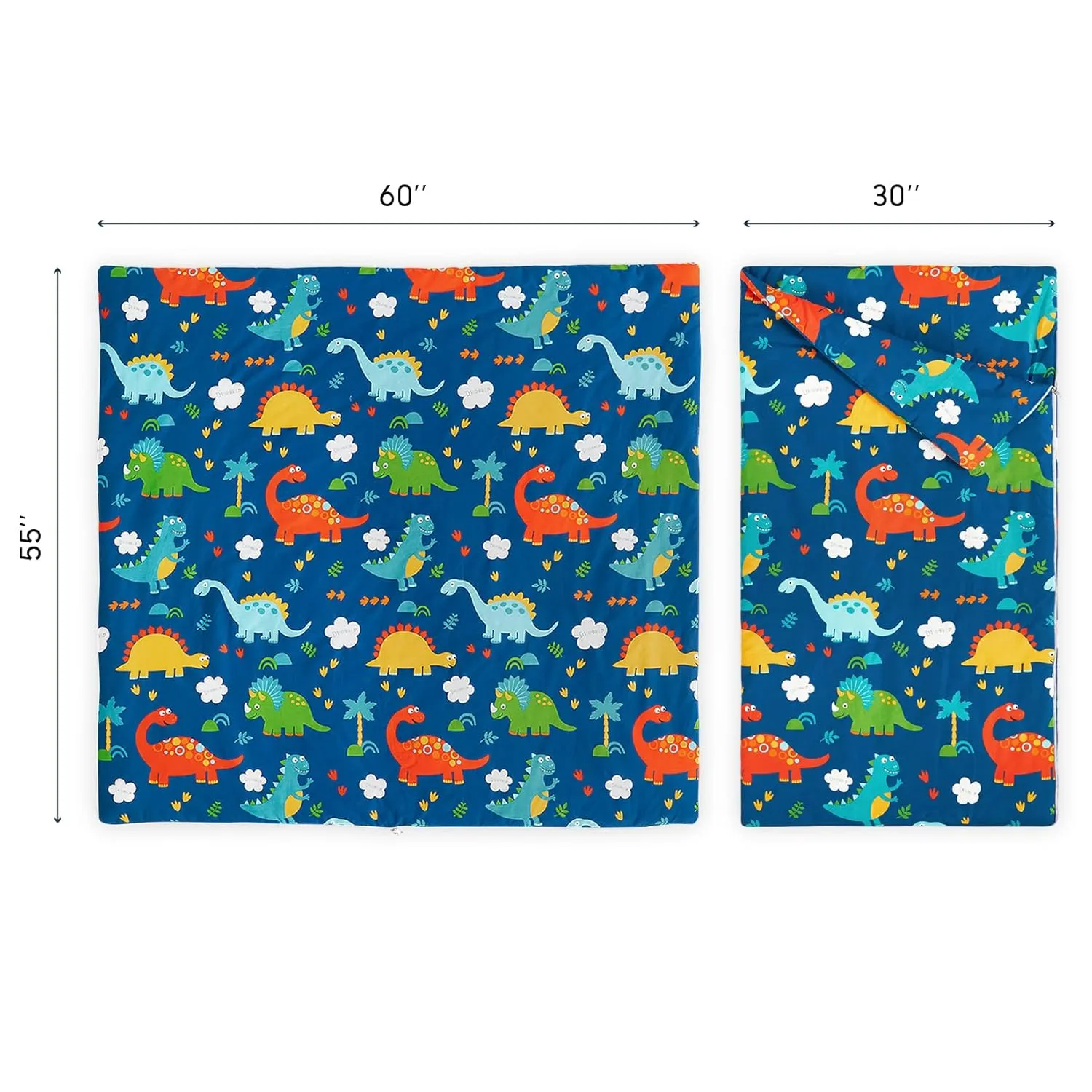 Wake In Cloud - Sleeping Bag Zippered, Nap Mat with Matching Pillow for Kids Boys Girls Sleepover Overnight Travel Slumber Bag, Dinosaurs Printed on Navy Blue, 100% Cotton with Microfiber Fill