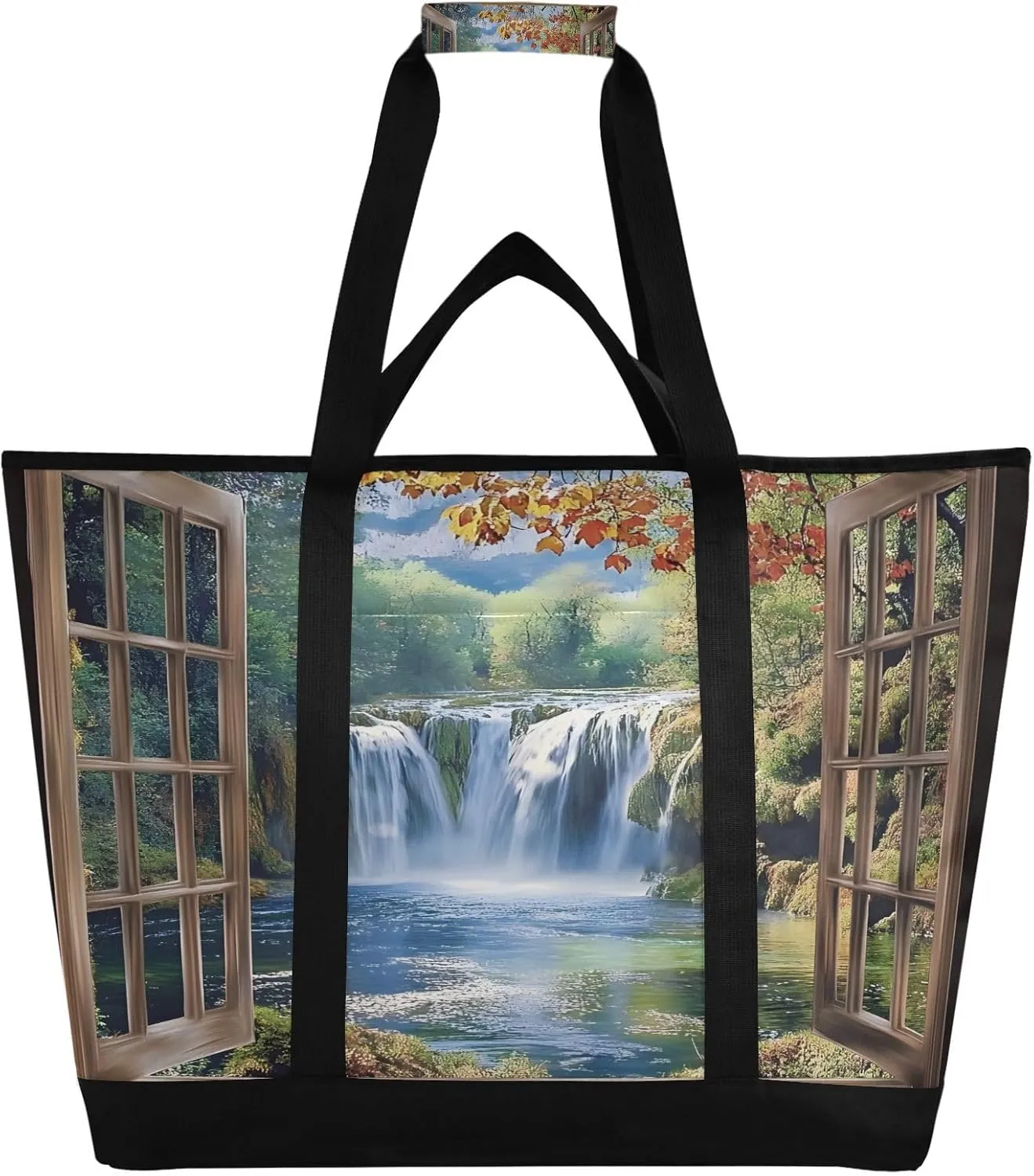 Waterfall Forest Seen from Window Reusable Insulated Lunchbox Cooler Bag, Leakproof Kitchen Grocery Bag Collapsible Portable Cooler Tote Bag for Picnic, Camping, Office, Travel