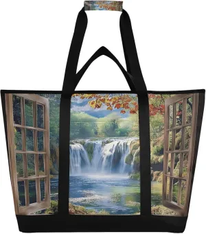 Waterfall Forest Seen from Window Reusable Insulated Lunchbox Cooler Bag, Leakproof Kitchen Grocery Bag Collapsible Portable Cooler Tote Bag for Picnic, Camping, Office, Travel