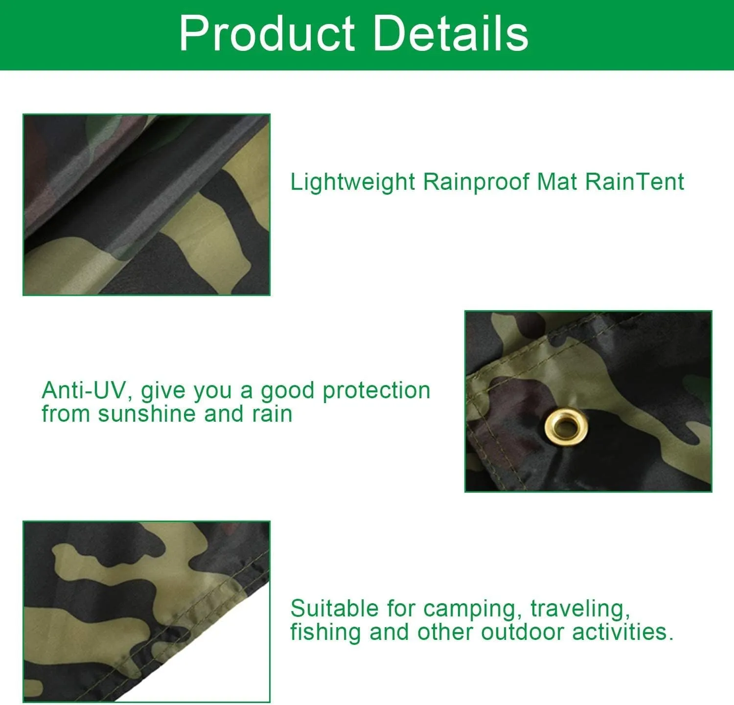 Waterproof Camping Shelter Tent Tarp,Camouflage Outdoor Portable Lightweight Rainproof Mat RainTent (2.3x2.1m,Green)