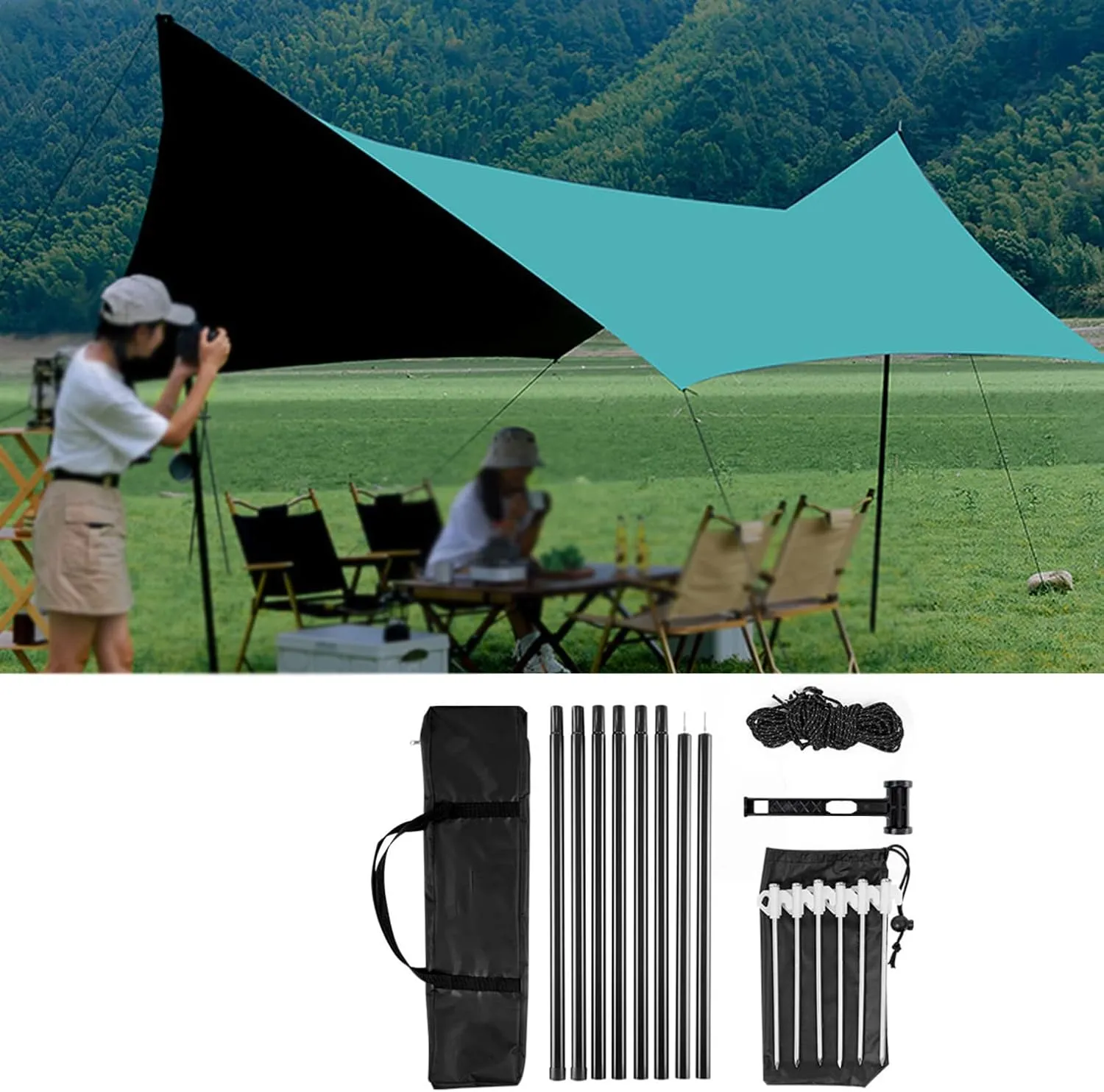 Waterproof Camping Tent Tarp Sun Shelter,Hammock Rain Fly Tarp,Portable Light Ripstop Rain & Wind Protection Tarp Cover for Camping Hammock & Tent Areas,with Accessories (Black,11.5 x 16.4ft) (