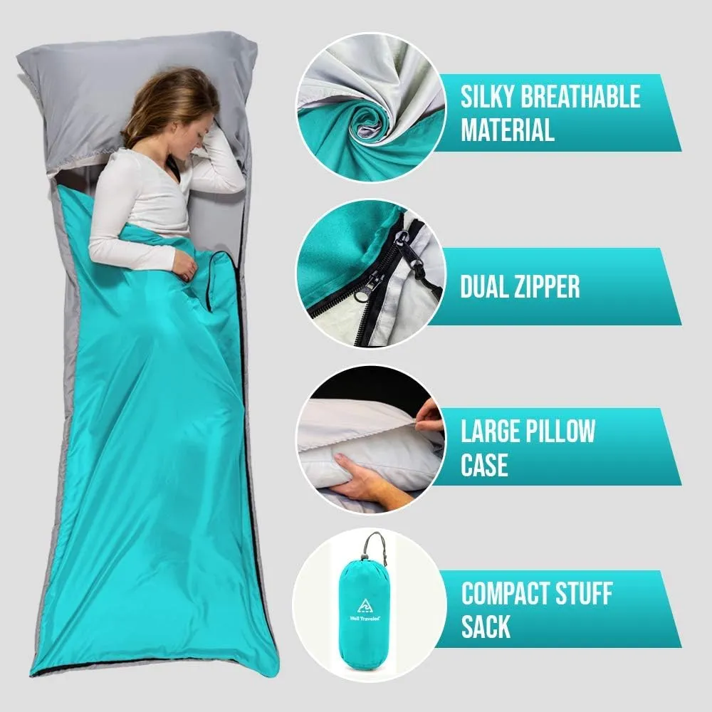 WELL TRAVELED Sleeping Bag Liner, Lightweight Adult Sleeping Sheet for Hiking, Backpacking and Camping, Easily Removable and Washable, Silky Smooth Fabric, Simple to Stuff Sack