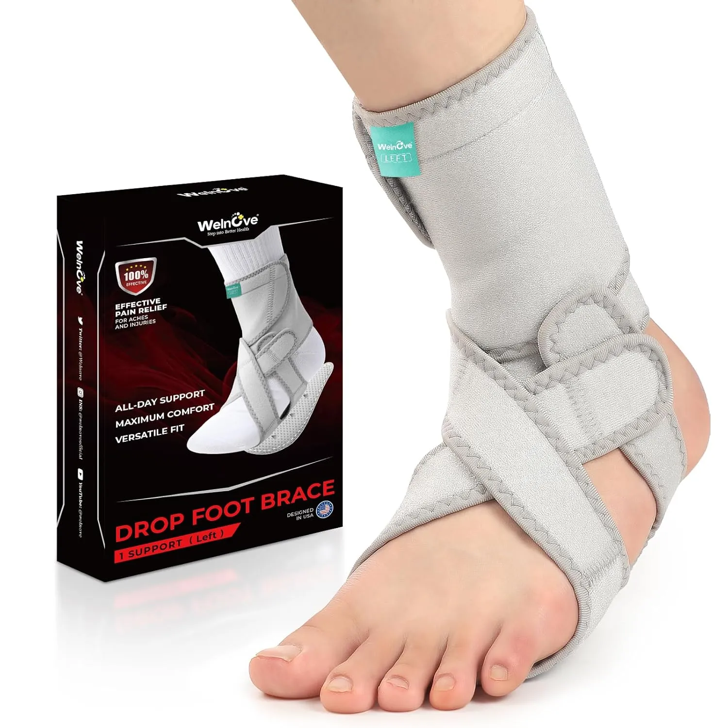 Welnove Drop Foot Brace with Arch Support, AFO Ankle Brace for Walking, Relieves Instability of Lower Limbs by Foot Drop, MS, TBI, Spinal Cord Injury, Cerebral Palsy (Right, Grey)