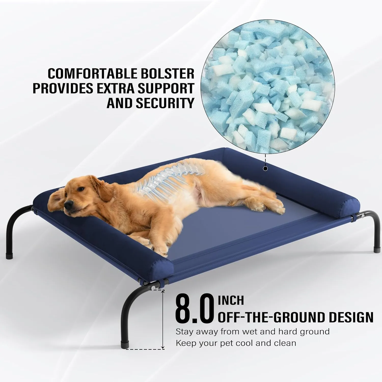 WESTERN HOME WH Elevated Dog Bed Cot, Raised Outdoor Dog Bed with Bolster for Large Dogs, Slightly Chew Proof Portable Cooling Pet Cot with Breathable Mesh, Skid-Resistant Feet, Blue, 43 inches