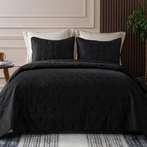Whale Flotilla Queen Quilt Bedding Set, Soft Black Bedspreads Quilts Queen Size for All Seasons, 3 Pieces Lightweight Geometric Star Pattern Coverlet