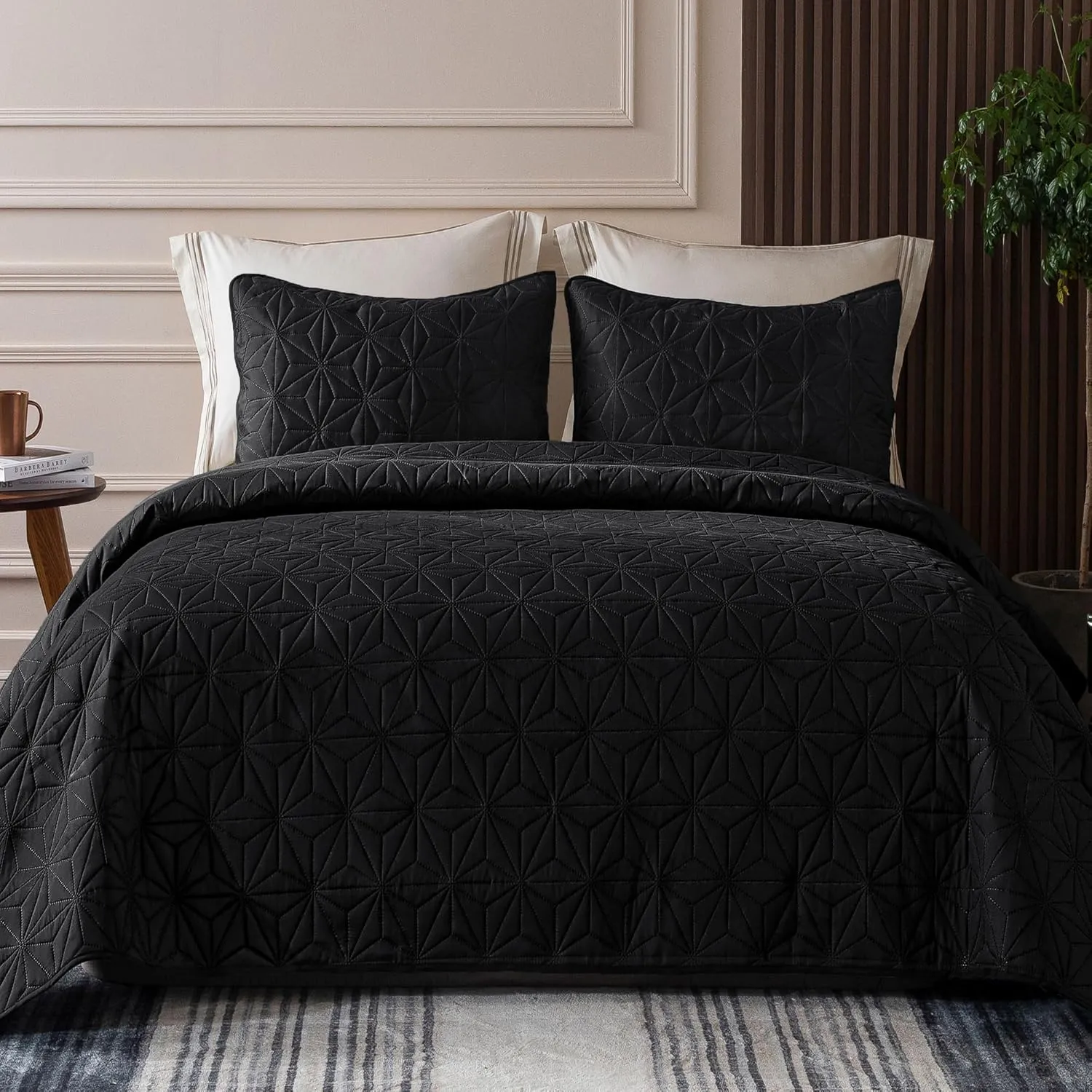 Whale Flotilla Queen Quilt Bedding Set, Soft Black Bedspreads Quilts Queen Size for All Seasons, 3 Pieces Lightweight Geometric Star Pattern Coverlet