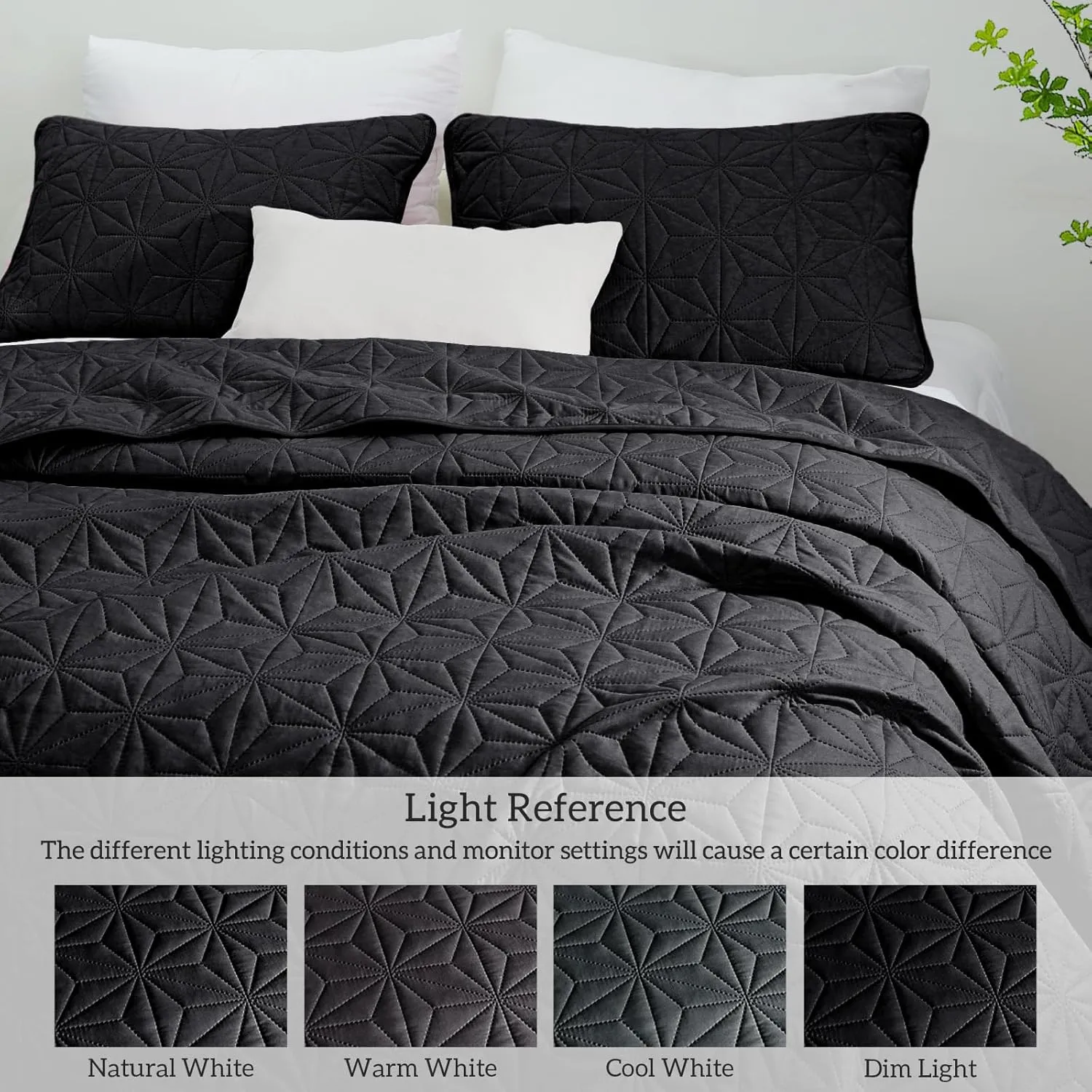 Whale Flotilla Queen Quilt Bedding Set, Soft Black Bedspreads Quilts Queen Size for All Seasons, 3 Pieces Lightweight Geometric Star Pattern Coverlet
