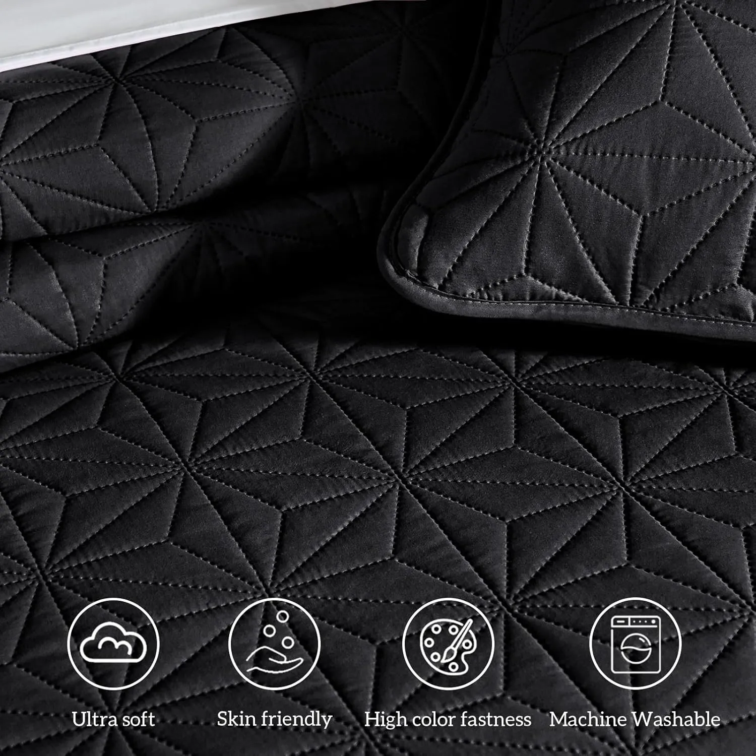 Whale Flotilla Queen Quilt Bedding Set, Soft Black Bedspreads Quilts Queen Size for All Seasons, 3 Pieces Lightweight Geometric Star Pattern Coverlet
