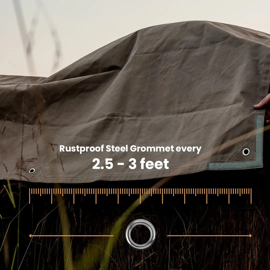 WHITEDUCK 10'x12' Canvas Tarp 18 oz/37 Mil Heavy Duty Waterproof UV Resistant, Rustproof Grommets, Industrial & Commercial Use Cloth Tarp (Finished Size: 9'6"x11'6", Olive)