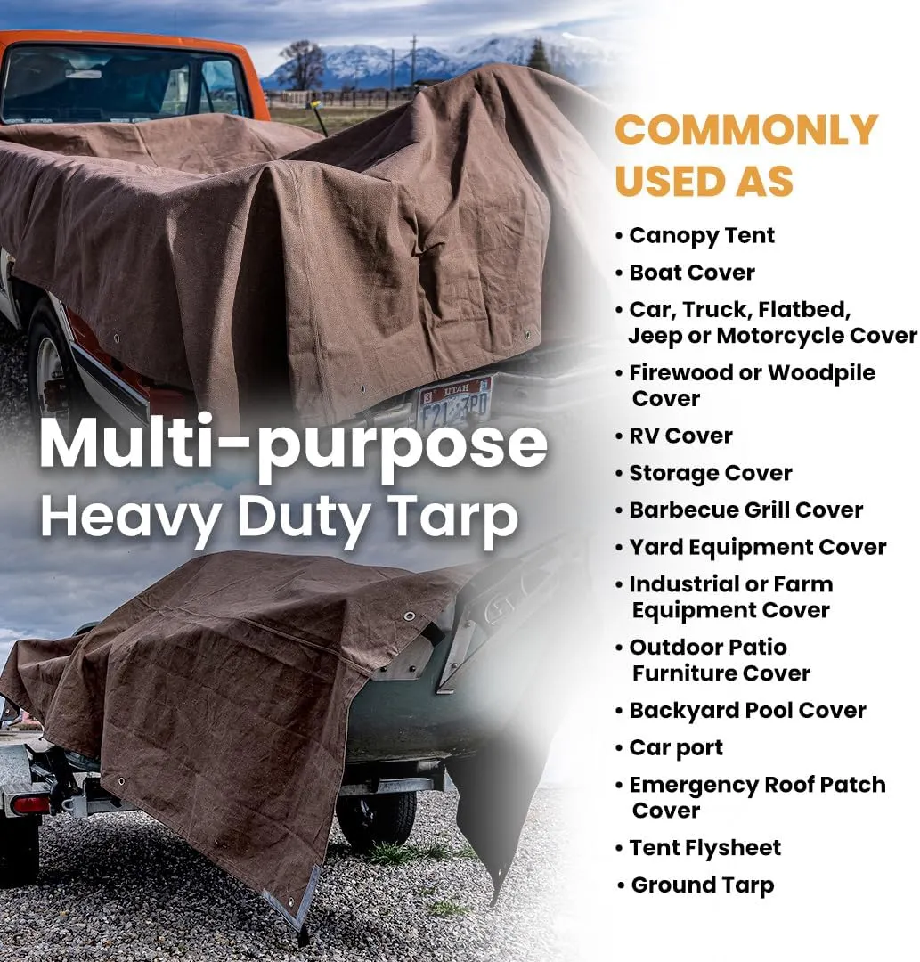 WHITEDUCK 10'x12' Canvas Tarp 18 oz/37 Mil Heavy Duty Waterproof UV Resistant, Rustproof Grommets, Industrial & Commercial Use Cloth Tarp (Finished Size: 9'6"x11'6", Olive)