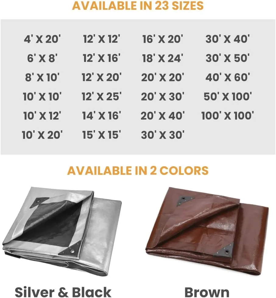 WHITEDUCK 12' x 16' Super Heavy Duty Poly Tarp Thick 16 Mil, Waterproof 100% UV Resistant Rip/Tear Proof Tarp w/Rustproof Grommets & Reinforced Edges (Finished Size: 11'6"x15'6")