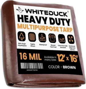 WHITEDUCK 12' x 16' Super Heavy Duty Poly Tarp Thick 16 Mil, Waterproof 100% UV Resistant Rip/Tear Proof Tarp w/Rustproof Grommets & Reinforced Edges (Finished Size: 11'6"x15'6")