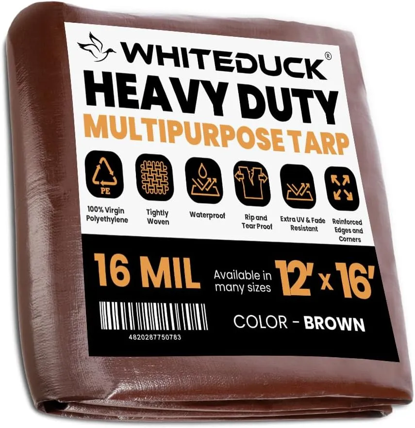 WHITEDUCK 12' x 16' Super Heavy Duty Poly Tarp Thick 16 Mil, Waterproof 100% UV Resistant Rip/Tear Proof Tarp w/Rustproof Grommets & Reinforced Edges (Finished Size: 11'6"x15'6")