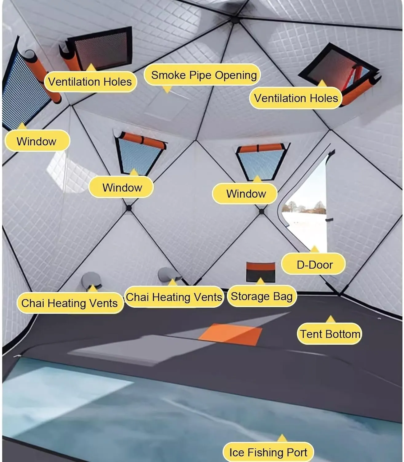 Winter Fishing Tent,Ice Fishing Shelter with Stove Jack and Floor, Portable Ice Fishing Tent 420D Insulated Layer Ice Shanty Hexagon Ice Huts(Gray)