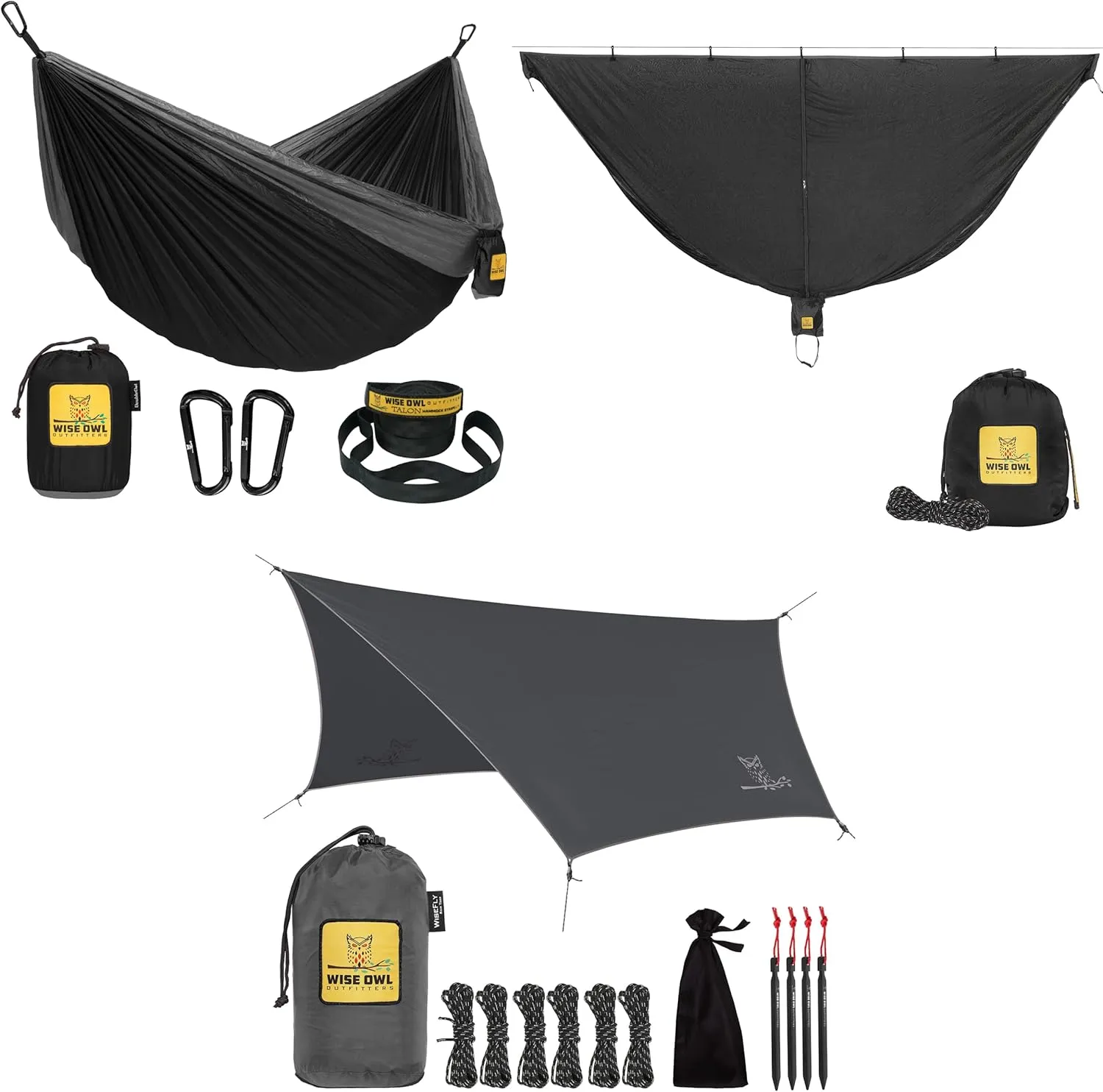 Wise Owl Outfitters Camping Hammock with Rain Fly Tarp and Bug Net - Single Hammock - Waterproof Camping Accessories & Backpacking Gear, Camping Gear Must Haves - Black