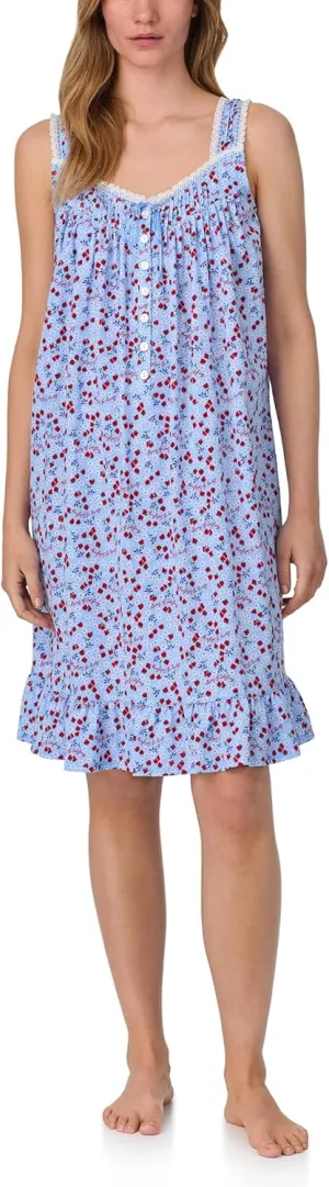 Women's 100% Cotton Cap Sleeve Long Nightgown, Jersey Knit, Ruffle Hem, Pintuck Neckline, Button-Front
