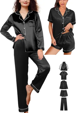 Womens 5Pcs Silk Pajamas Set XS-2XL Satin Pajama Sets Silky Sleepwear Pjs Loungewear Button Down Pj Nightwear