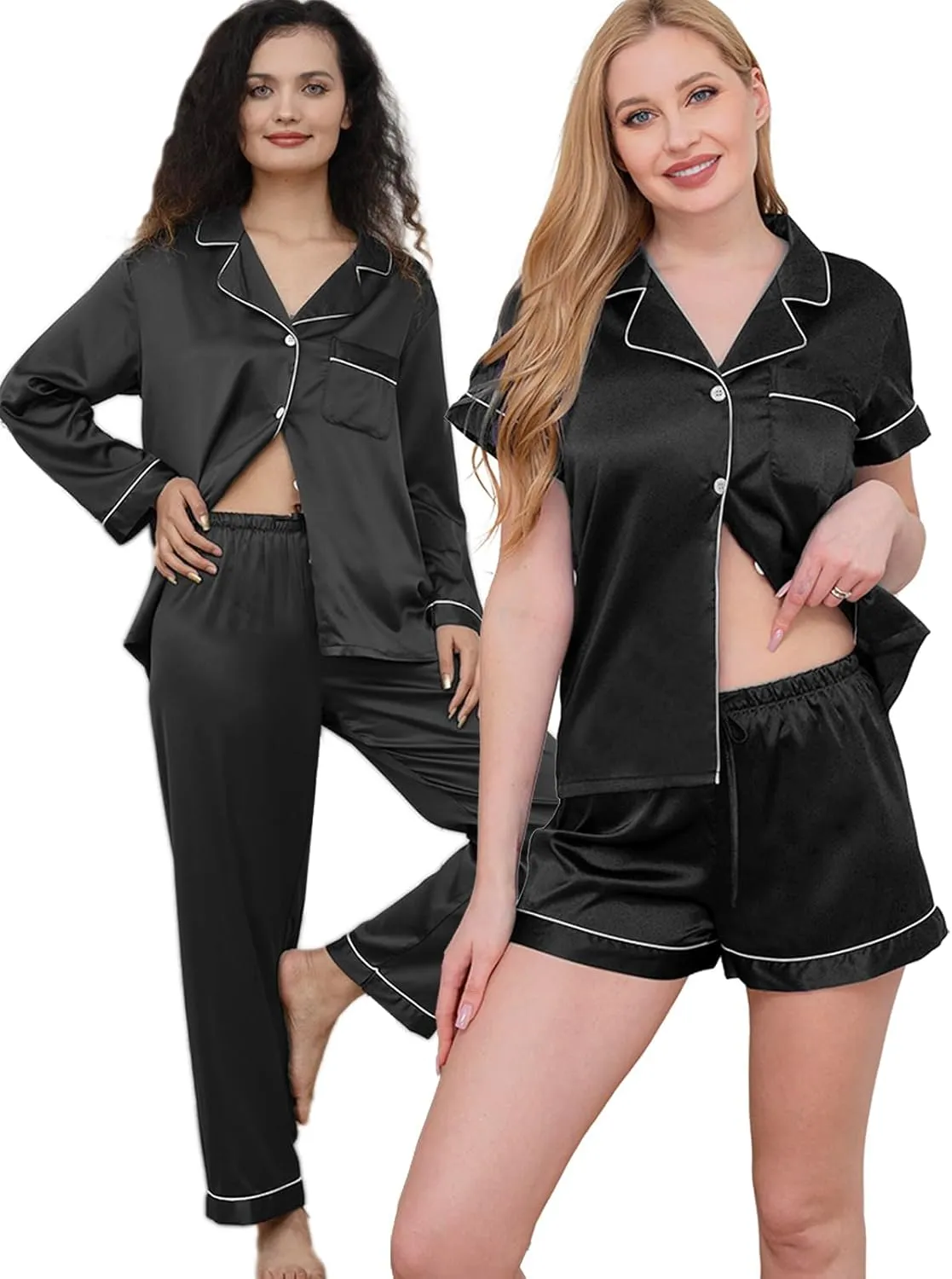 Womens 5Pcs Silk Pajamas Set XS-2XL Satin Pajama Sets Silky Sleepwear Pjs Loungewear Button Down Pj Nightwear