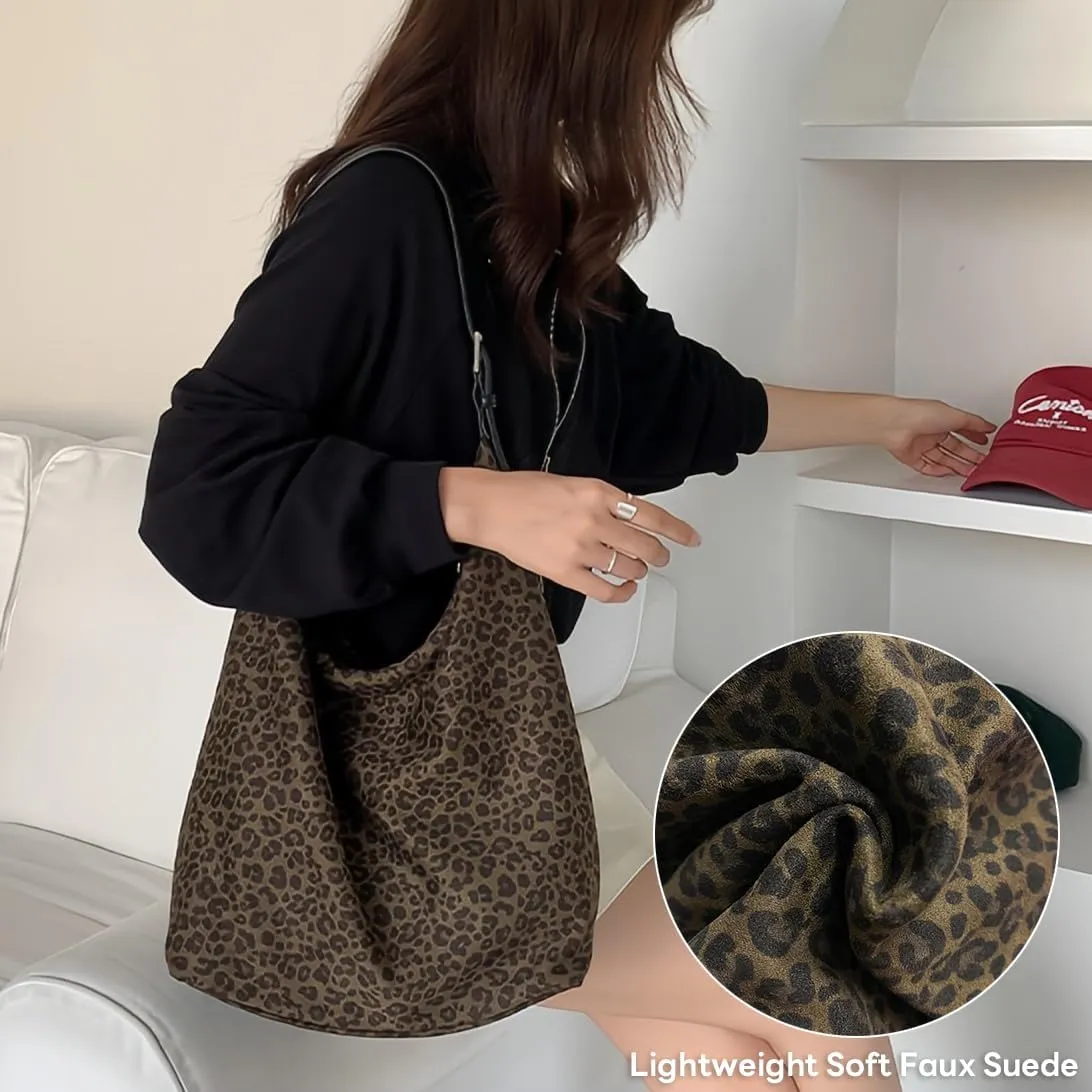 Women's Faux Suede Lightweight Shoulder Bag Leopard Print Purse Slouchy Animal Tote Bag