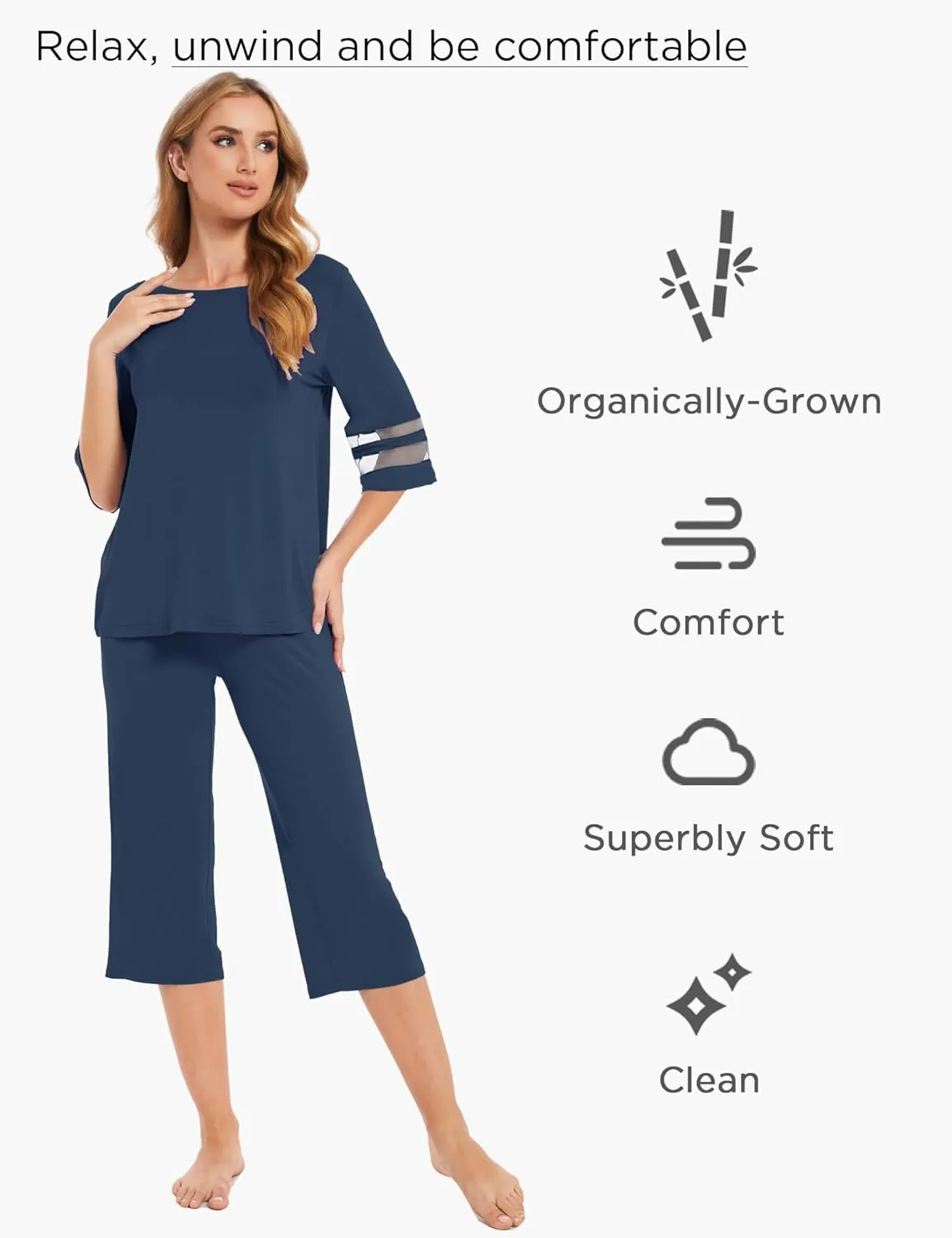 Womens Pajama Set - Viscose Made from Bamboo, 3/4 Sleeve Capri Pajama Set Soft 2 Piece Sleepwear Pjs Lounge Set