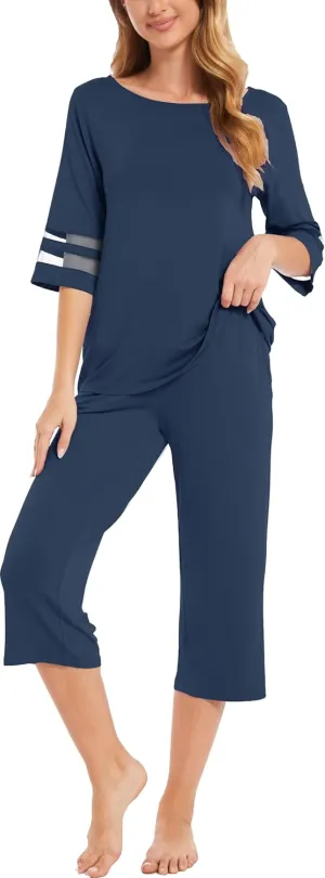 Womens Pajama Set - Viscose Made from Bamboo, 3/4 Sleeve Capri Pajama Set Soft 2 Piece Sleepwear Pjs Lounge Set