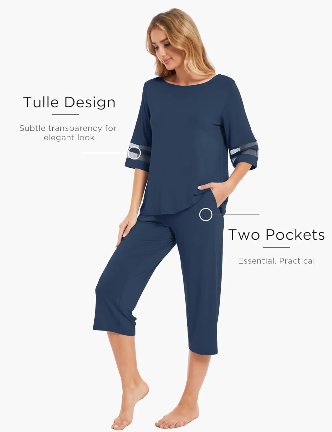 Womens Pajama Set - Viscose Made from Bamboo, 3/4 Sleeve Capri Pajama Set Soft 2 Piece Sleepwear Pjs Lounge Set