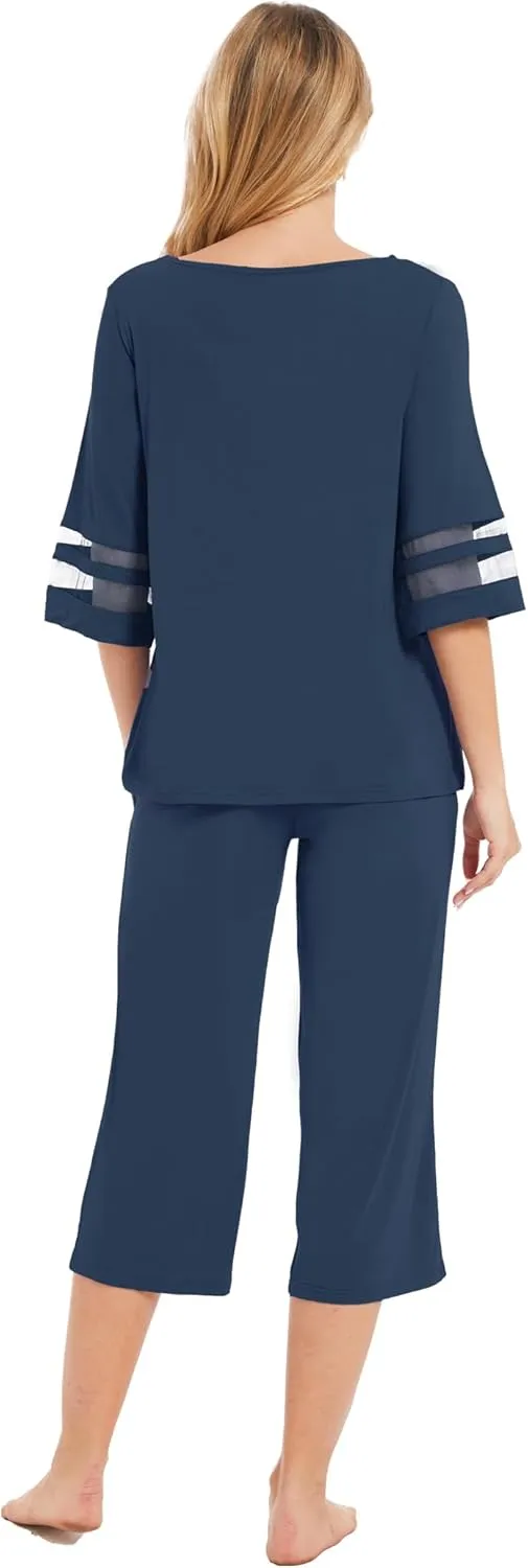 Womens Pajama Set - Viscose Made from Bamboo, 3/4 Sleeve Capri Pajama Set Soft 2 Piece Sleepwear Pjs Lounge Set