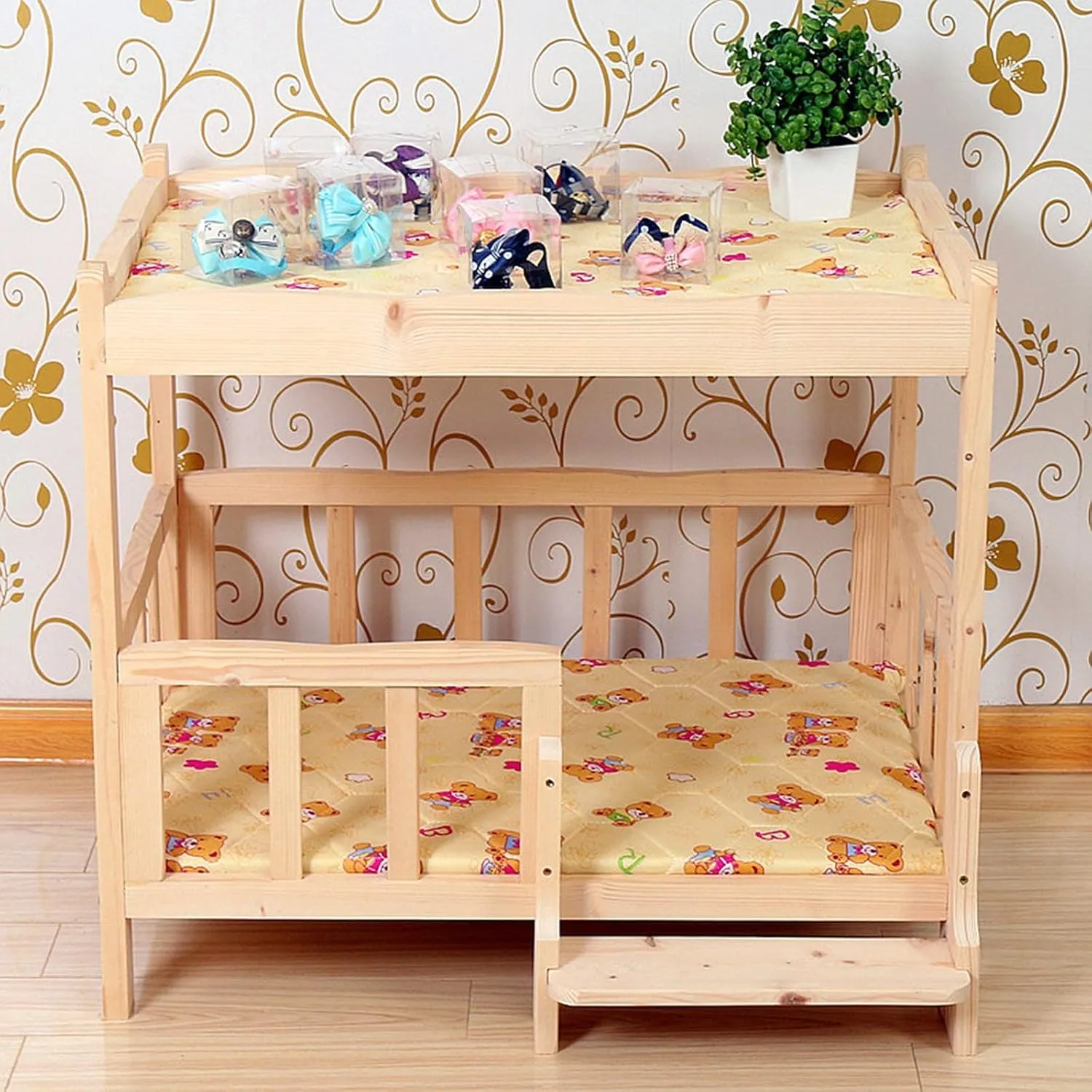 Wood 2 Tier Pet Dogs Bed Sofa with Stairs and Fence, Portable Summer Mattress, Elevated Cooling Wooden Pets Cot for Indoor Outdoor (Size : Medium)