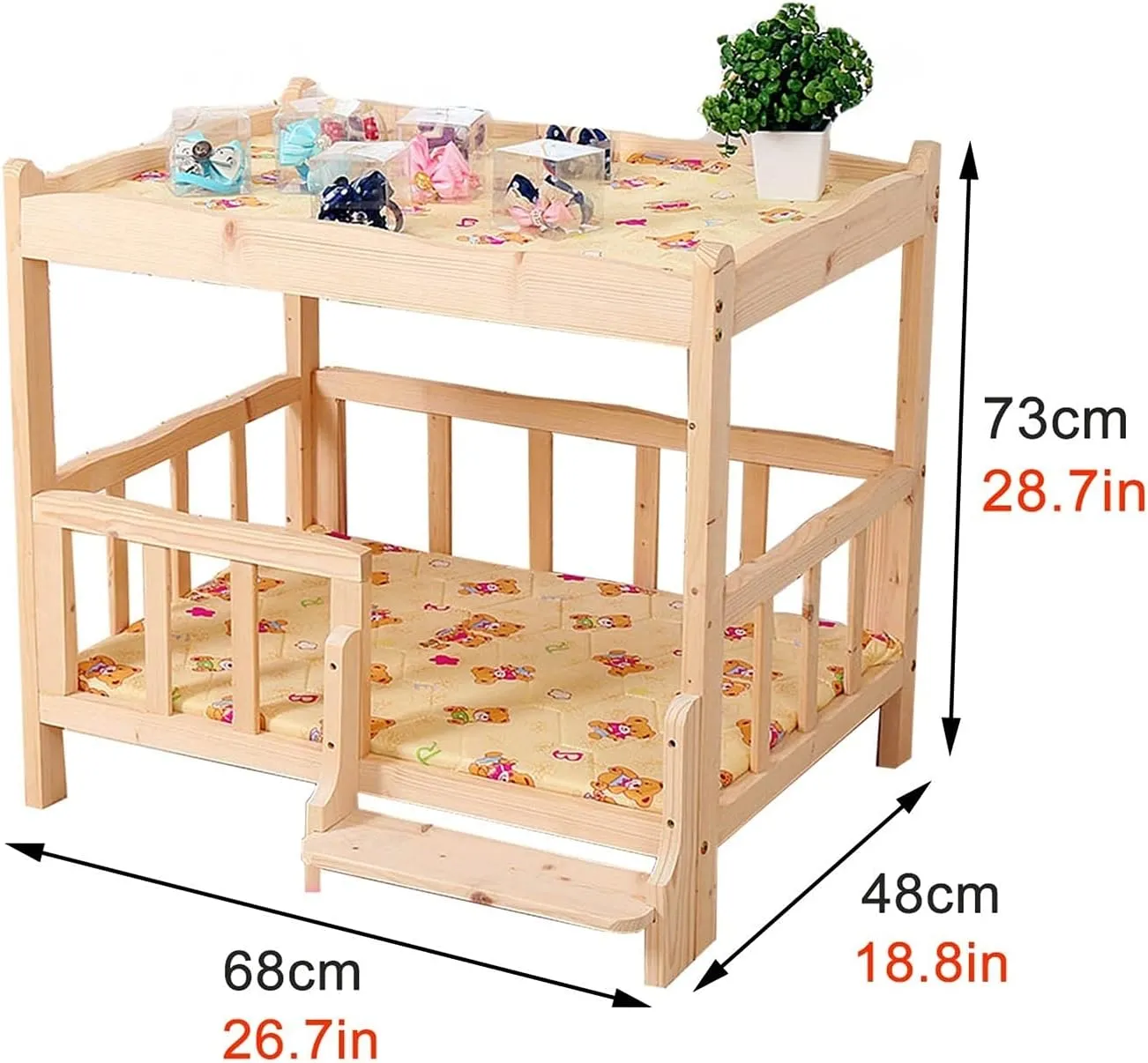 Wood 2 Tier Pet Dogs Bed Sofa with Stairs and Fence, Portable Summer Mattress, Elevated Cooling Wooden Pets Cot for Indoor Outdoor (Size : Medium)