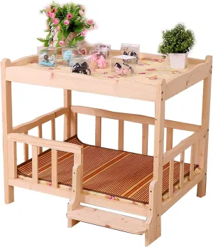 Wood 2 Tier Pet Dogs Bed Sofa with Stairs and Fence, Portable Summer Mattress, Elevated Cooling Wooden Pets Cot for Indoor Outdoor (Size : Medium)