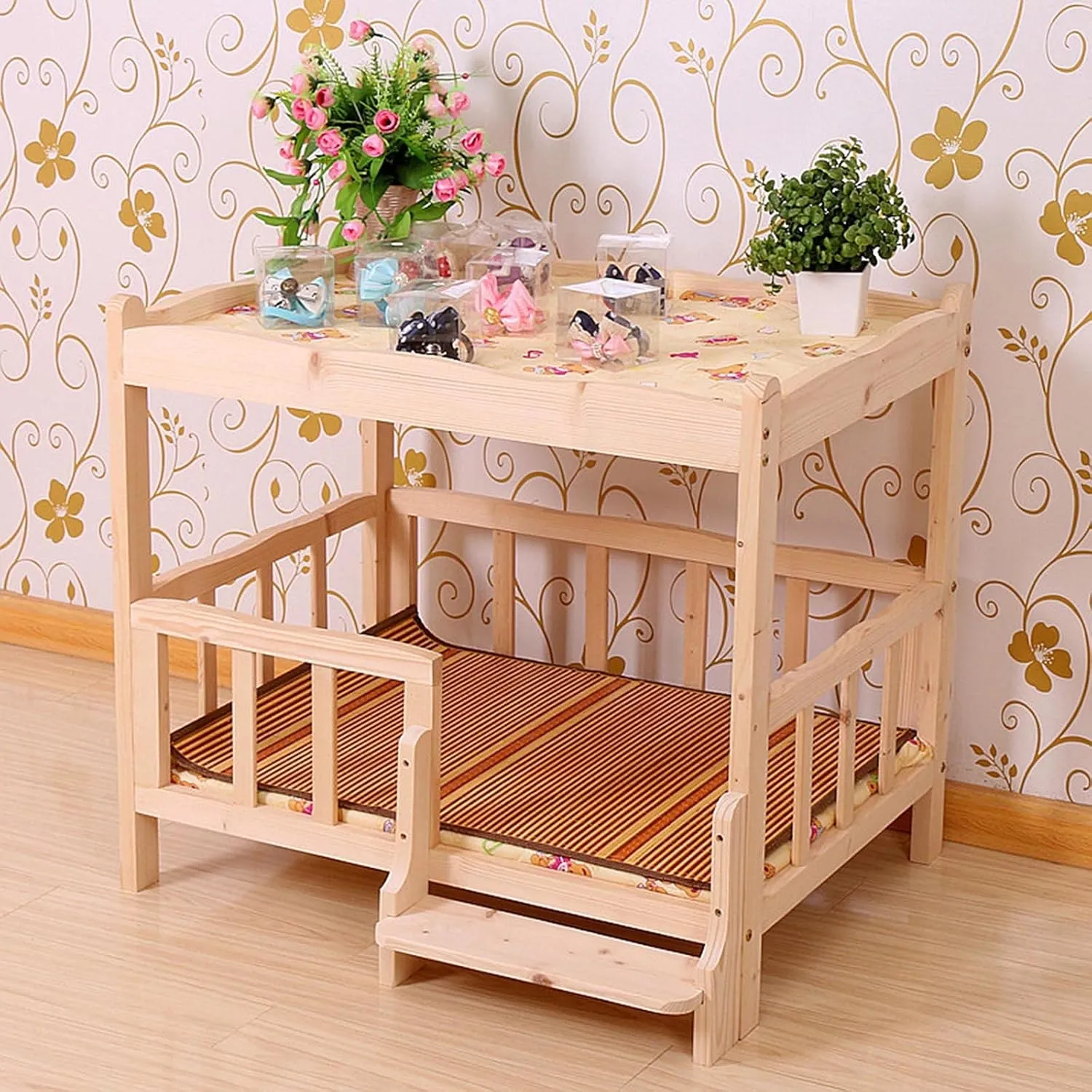 Wood 2 Tier Pet Dogs Bed Sofa with Stairs and Fence, Portable Summer Mattress, Elevated Cooling Wooden Pets Cot for Indoor Outdoor (Size : Medium)