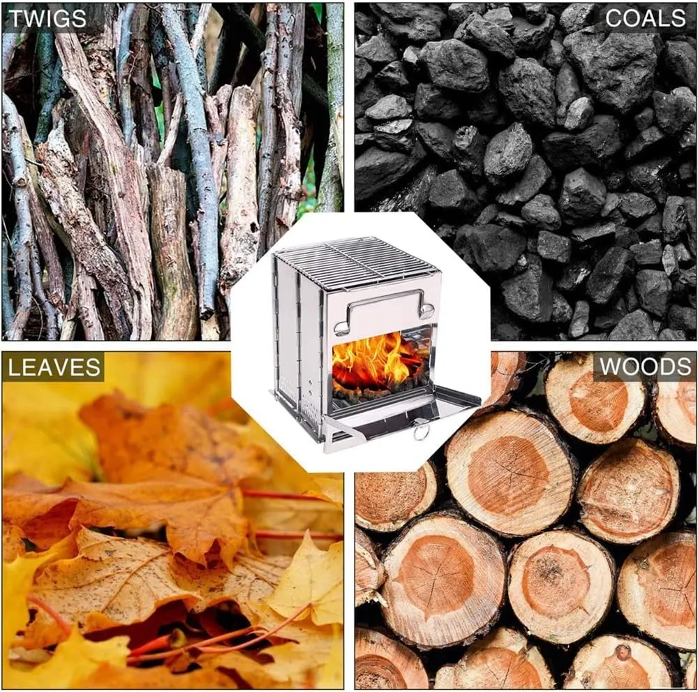 Wood Burning Camp BBQ Stove Folding Portable Backpacking Stove, Small/Large Stainless Steel 304# Grill with Pot Stand for Hiking Camping Picnic (Large)